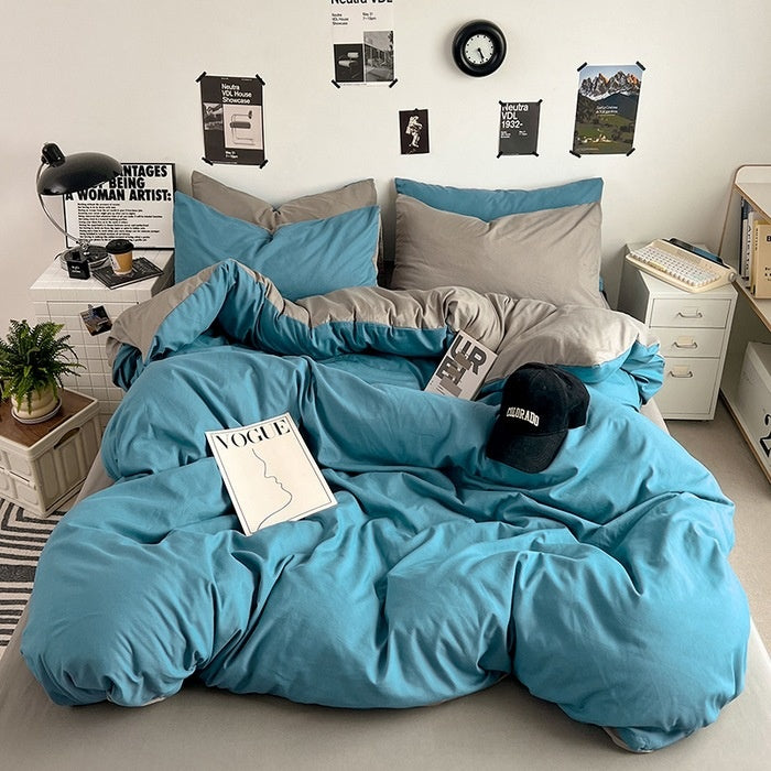 Washed Cotton Solid Color Double Spliced Four-Piece Bedding Set