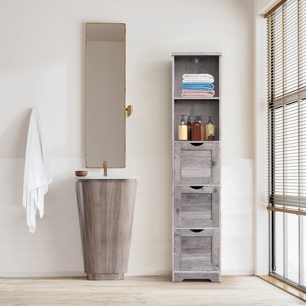 Grey eprolo tall narrow bathroom floor cabinet with 3 drawers and open storage shelves.