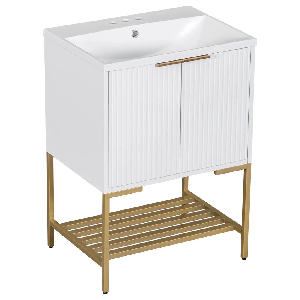 eprolo 24-inch white bathroom vanity with gold metal frame, fluted cabinet doors, and sink