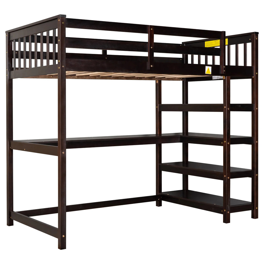 eprolo twin size loft bed in espresso with integrated desk and storage shelves