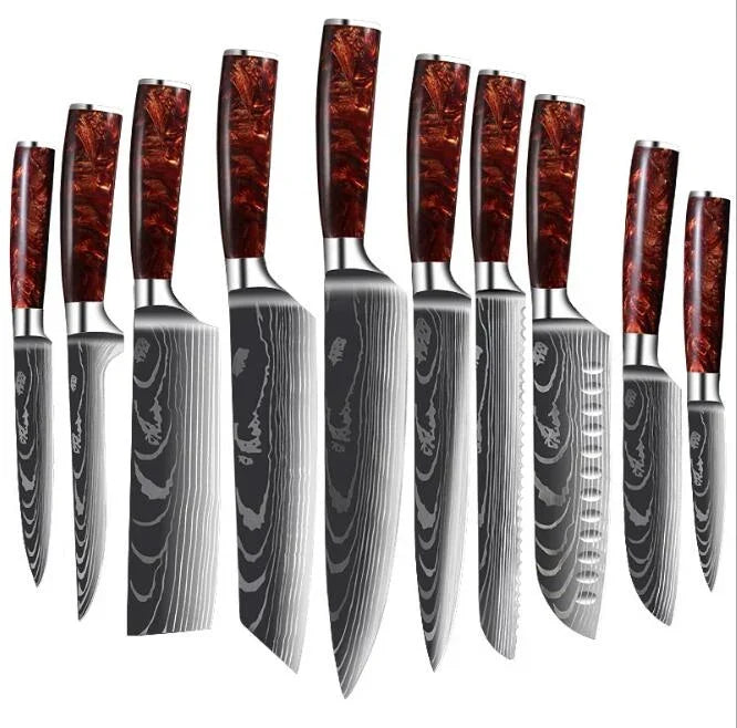 Set of eprolo professional Japanese chef knives with Damascus pattern blades and wood handles