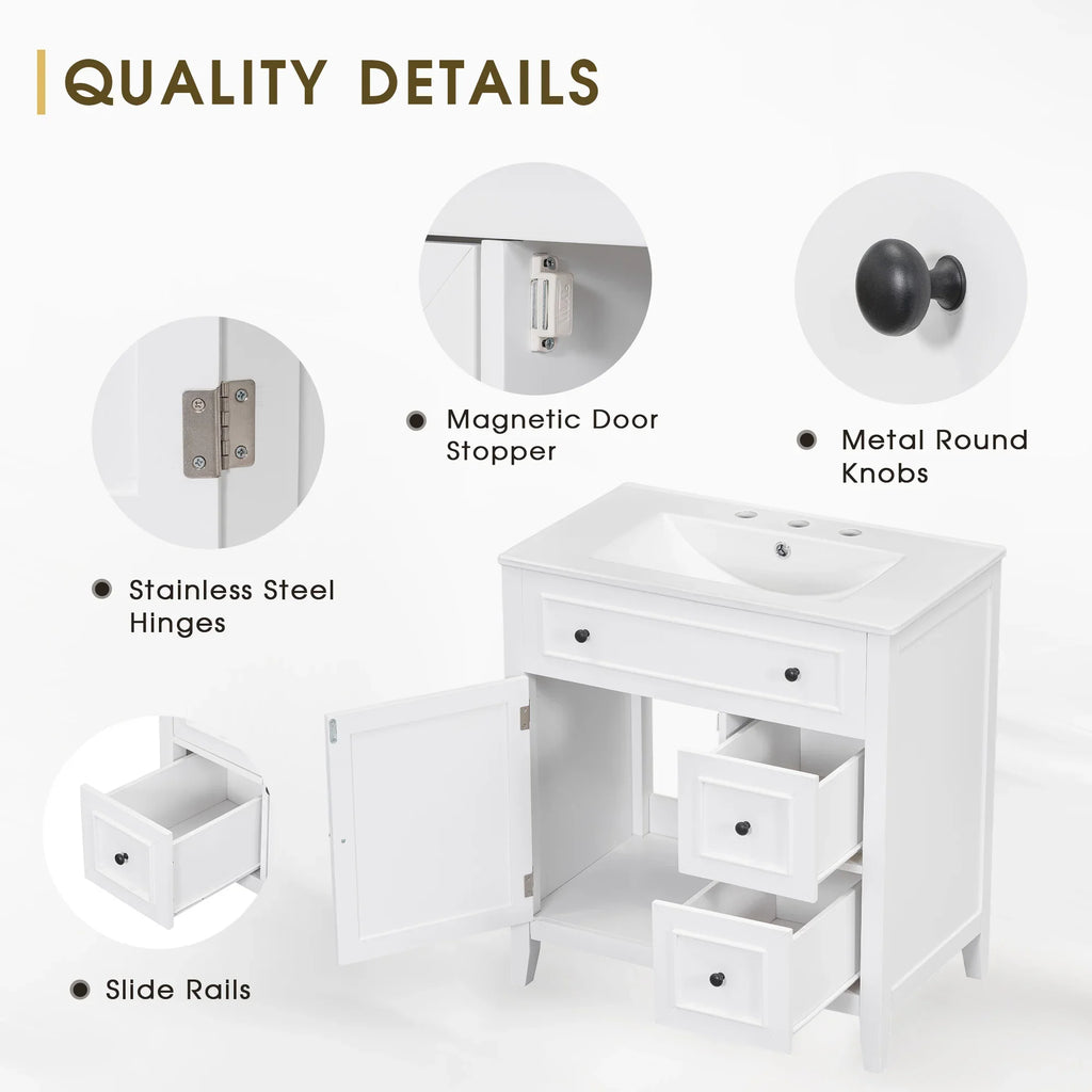 Quality details of an eprolo white bathroom vanity with stainless steel hinges and metal knobs.