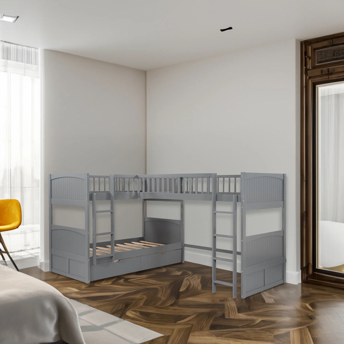 Eprolo gray twin size bunk bed with an attached loft bed and two storage drawers.