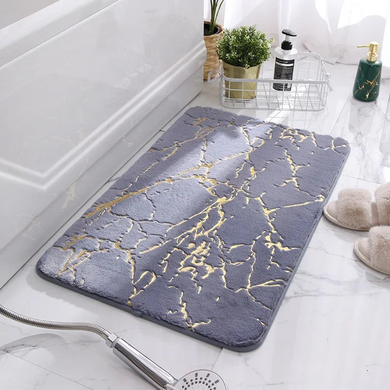 Gray faux rabbit fur non-slip bathroom mat with gold marble pattern by eprolo
