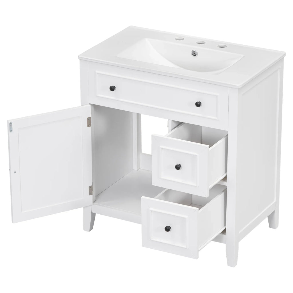 White 30 inch eprolo bathroom vanity cabinet with sink top, open door, and two drawers.