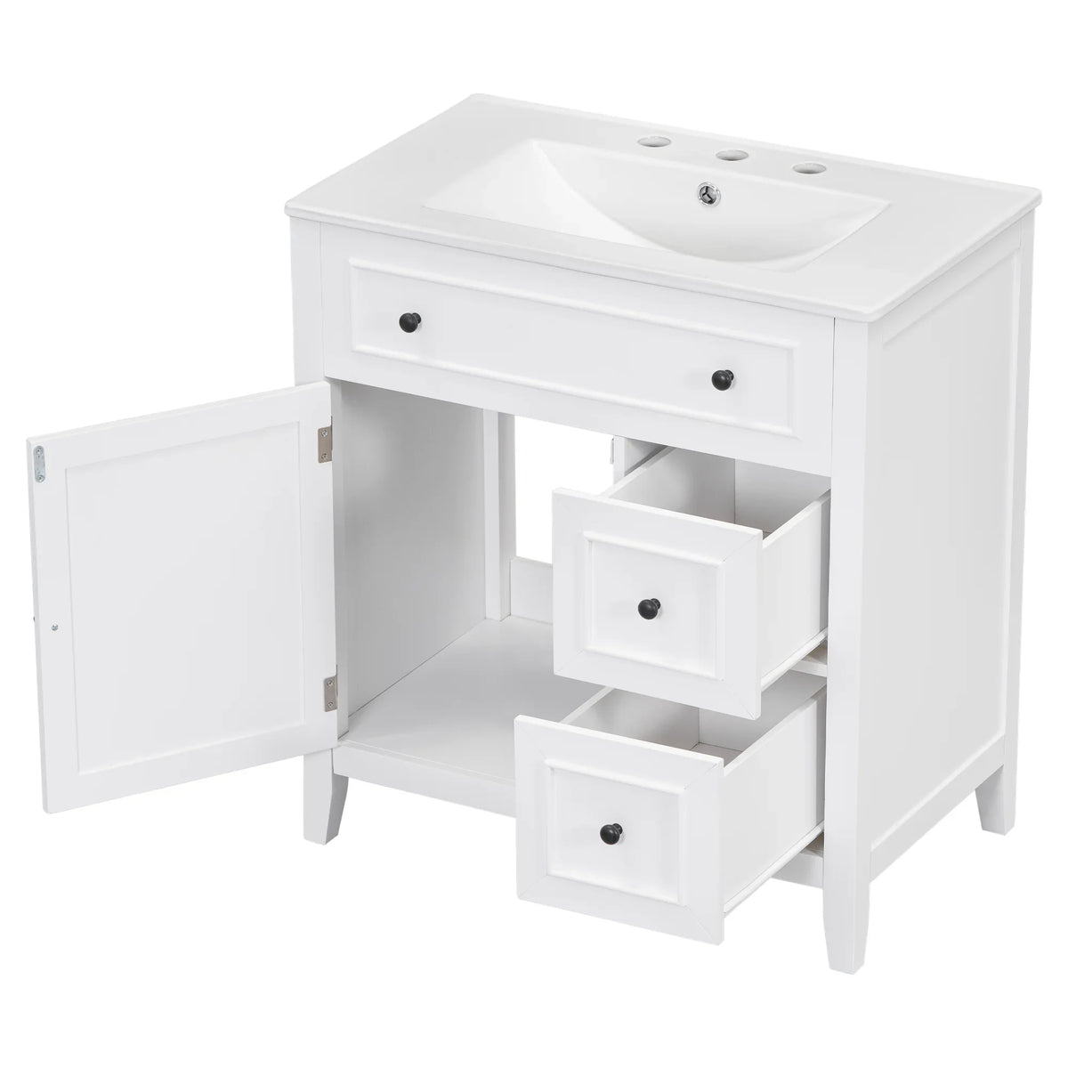 White 30 inch eprolo bathroom vanity cabinet with sink top, open door, and two drawers.