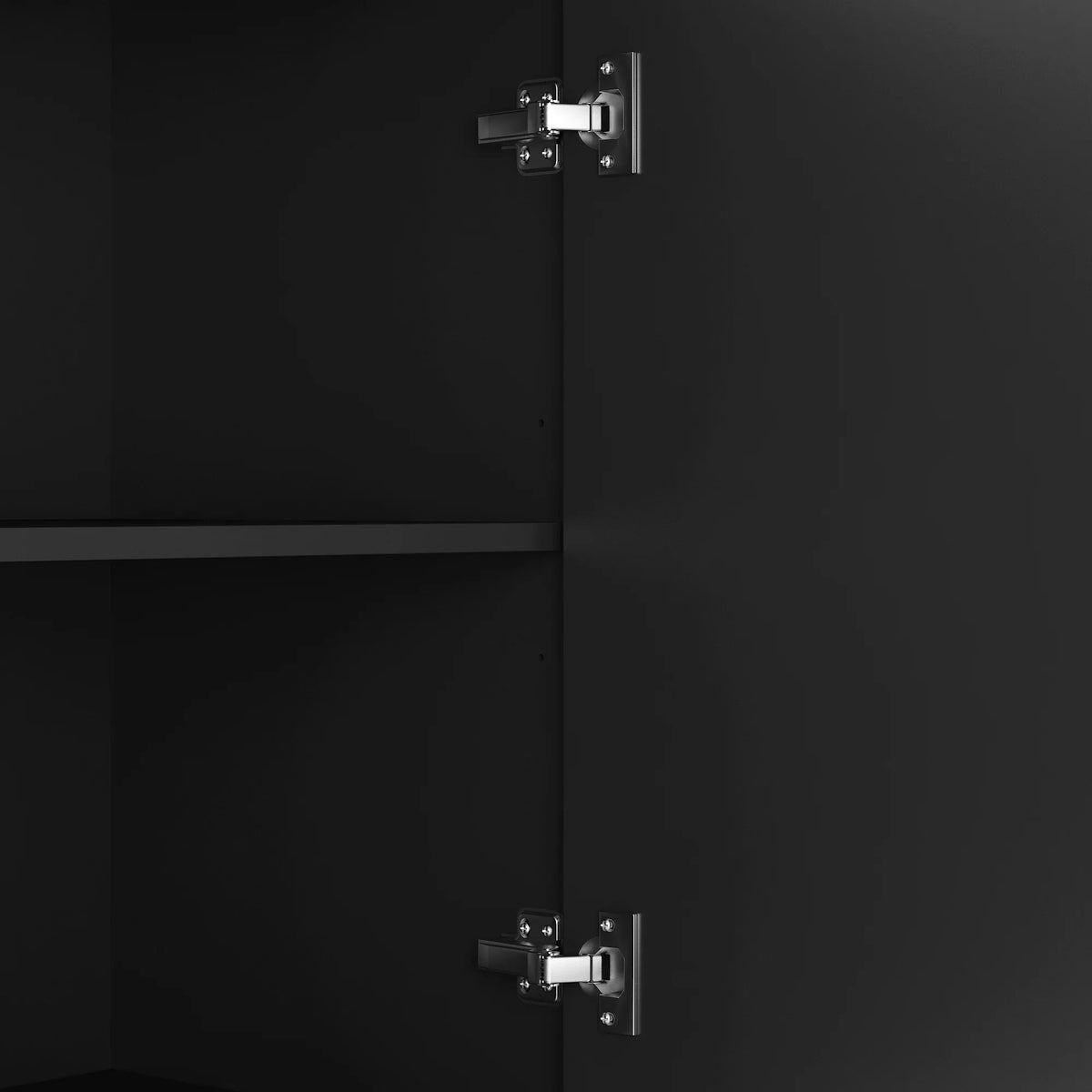 Close-up of silver door hinges on a modern black eprolo kitchen buffet locker.