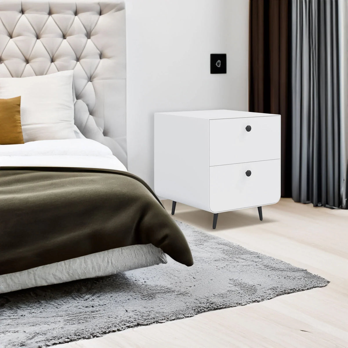 Modern white eprolo night stand storage cabinet with two drawers in a minimalist bedroom.