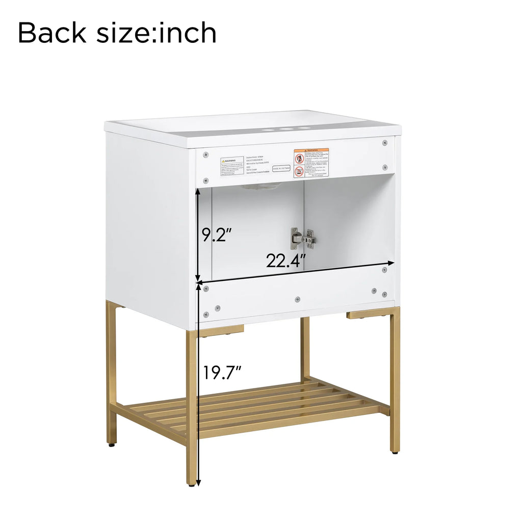 Back view of eprolo 24 inch white bathroom vanity with gold metal frame and dimensions.