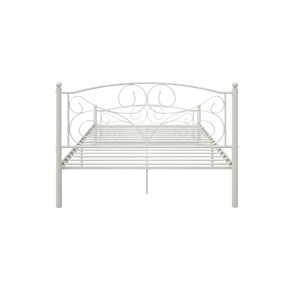 Modern white metal full bed frame with decorative swirl pattern and sturdy design by eprolo