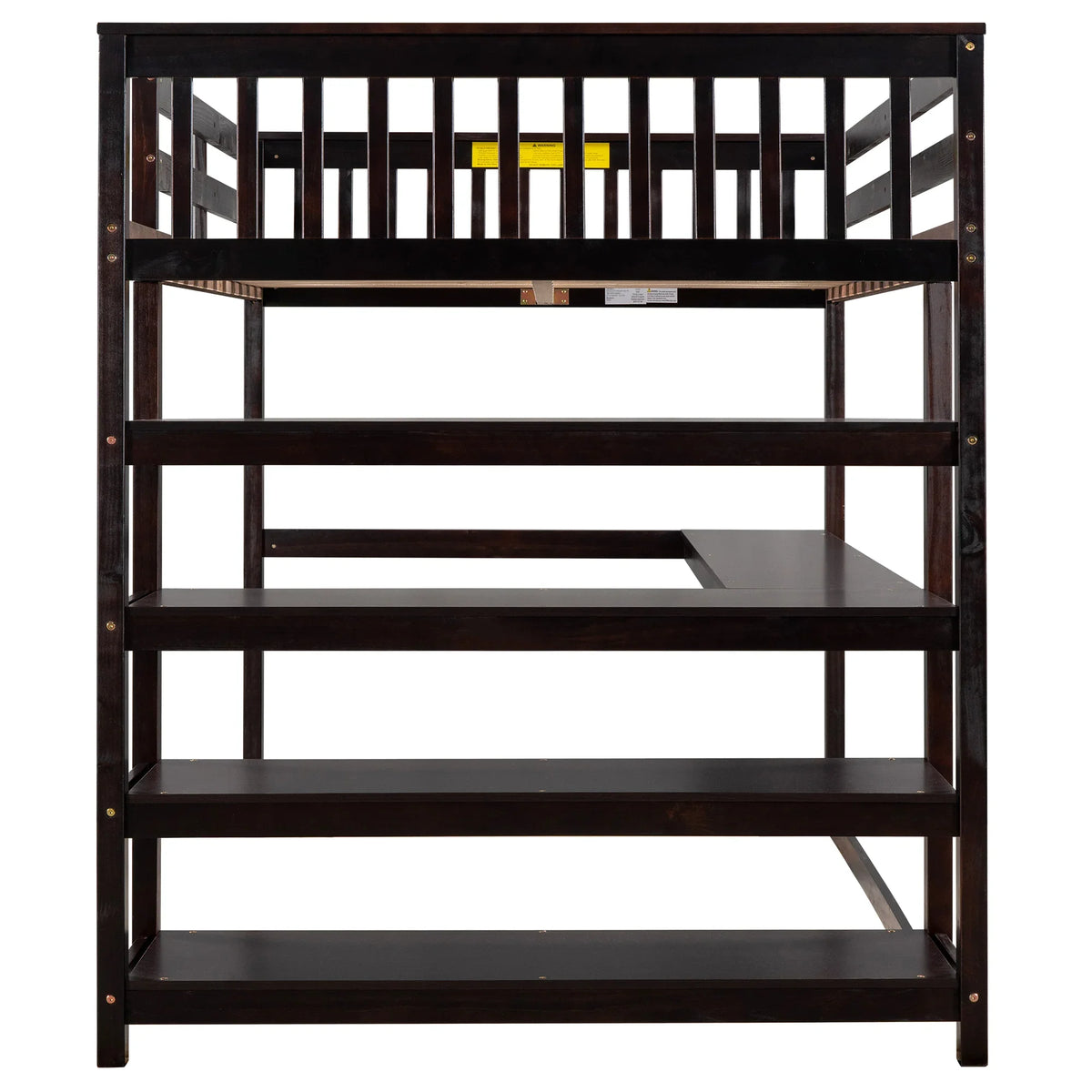 Espresso full size loft bed by eprolo featuring built-in storage shelves and under-bed desk.
