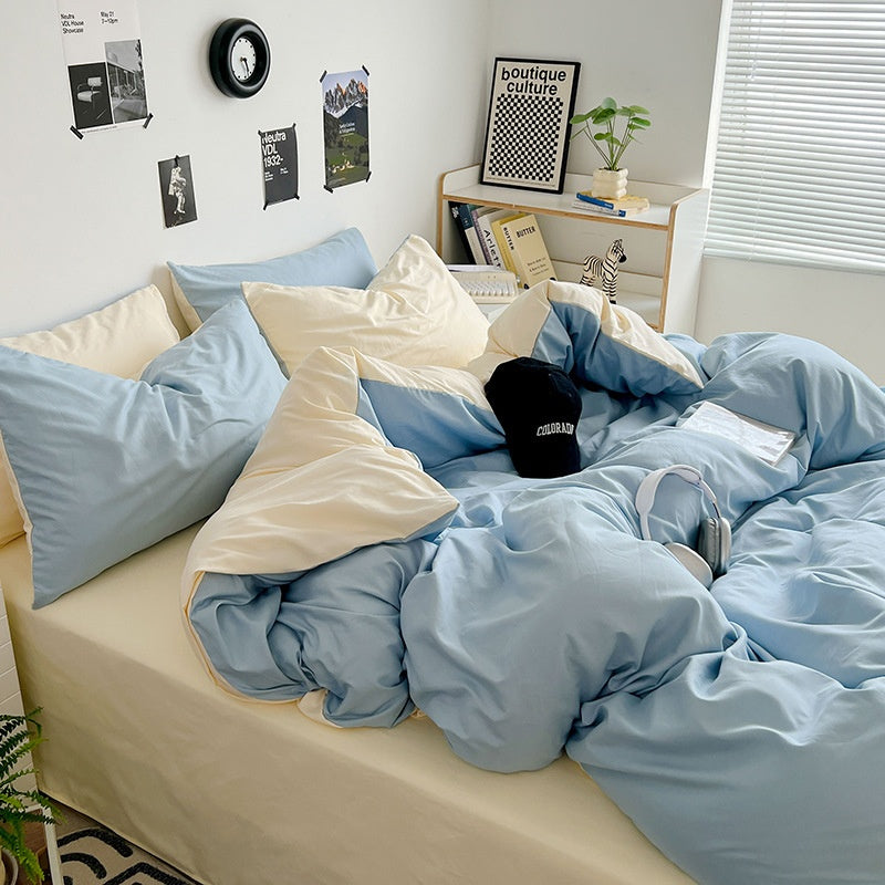 Washed Cotton Solid Color Double Spliced Four-Piece Bedding Set