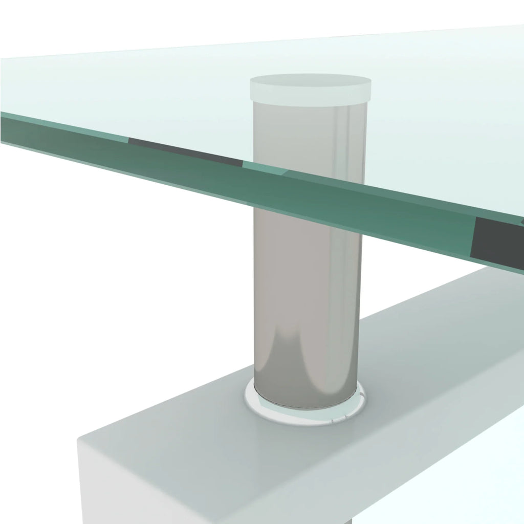 Close-up of a modern eprolo coffee table with a clear glass top and white support leg.