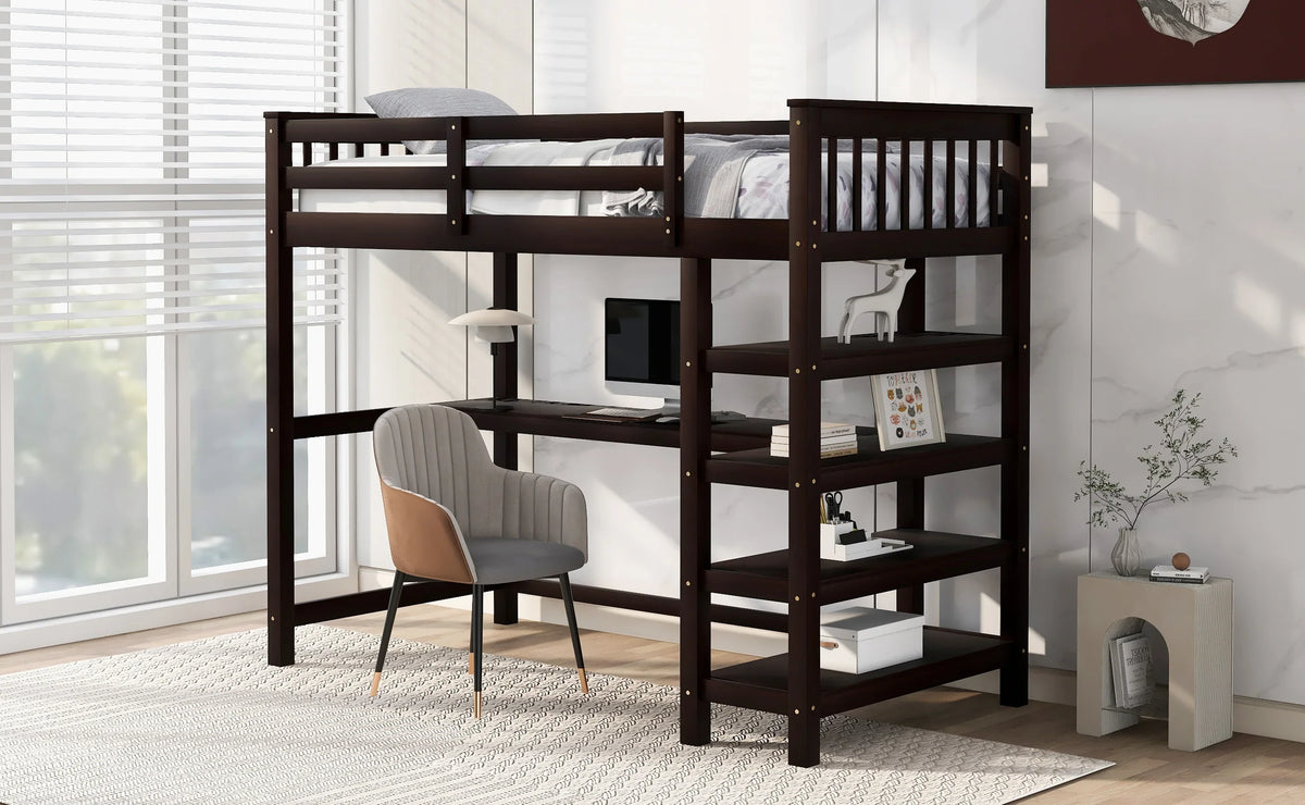 eprolo twin size loft bed in espresso with built-in desk and storage shelves