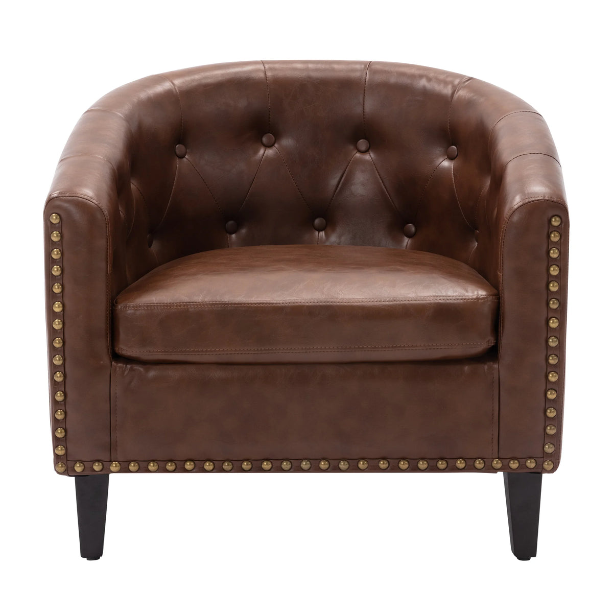 Brown PU leather tufted barrel chair with brass nailhead trim by eprolo