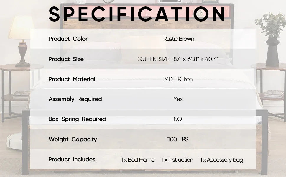 Specification chart for eprolo Queen Size Rustic Brown MDF and Iron Platform Bed