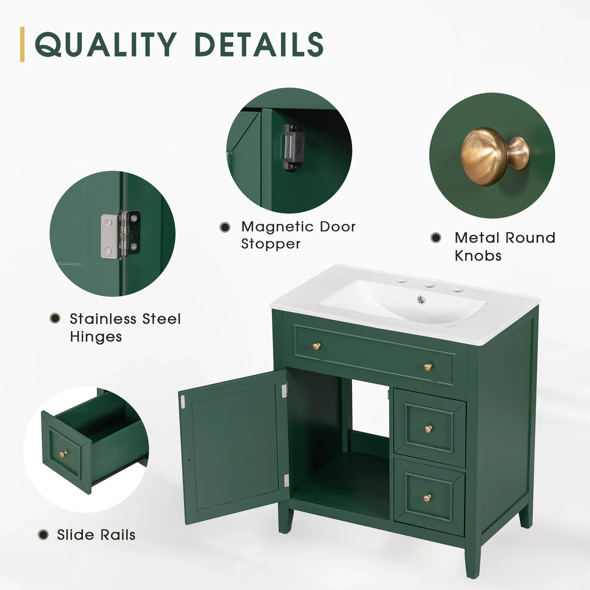 Quality details of eprolo green bathroom vanity with metal knobs, stainless hinges, and slide rails.