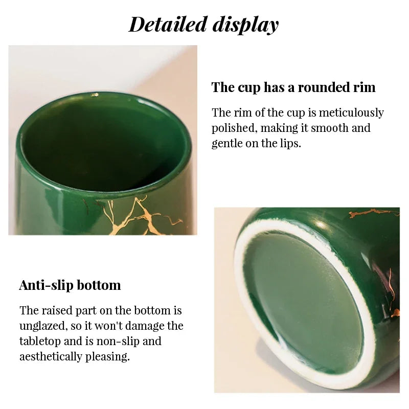Close-up of eprolo luxury green ceramic cup showing a rounded rim and anti-slip unglazed bottom.