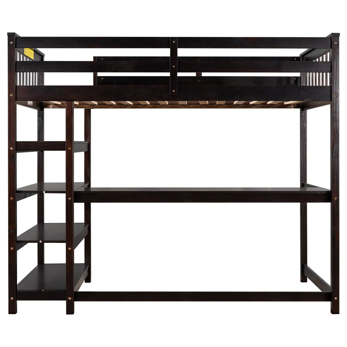 eprolo espresso twin size loft bed with integrated storage shelves and under-bed desk