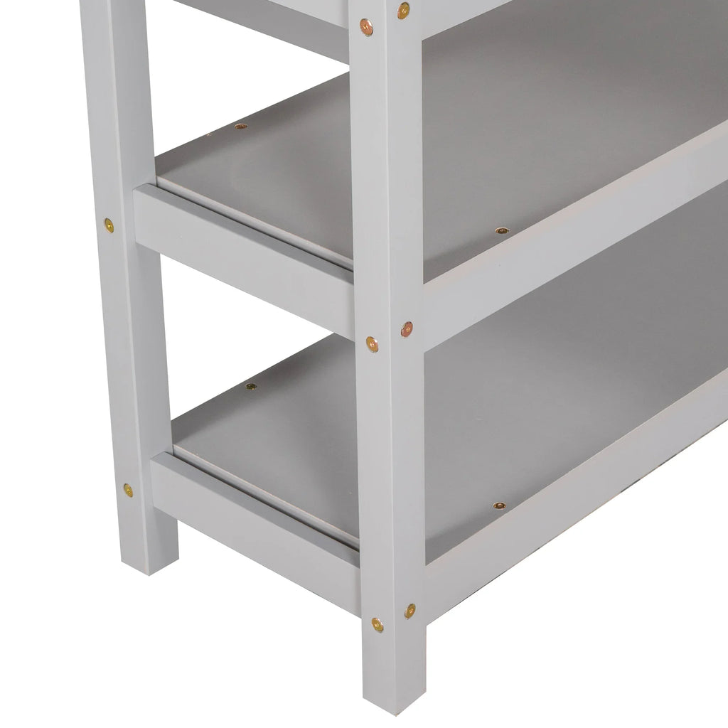 Close-up of gray storage shelves on an eprolo twin size loft bed.