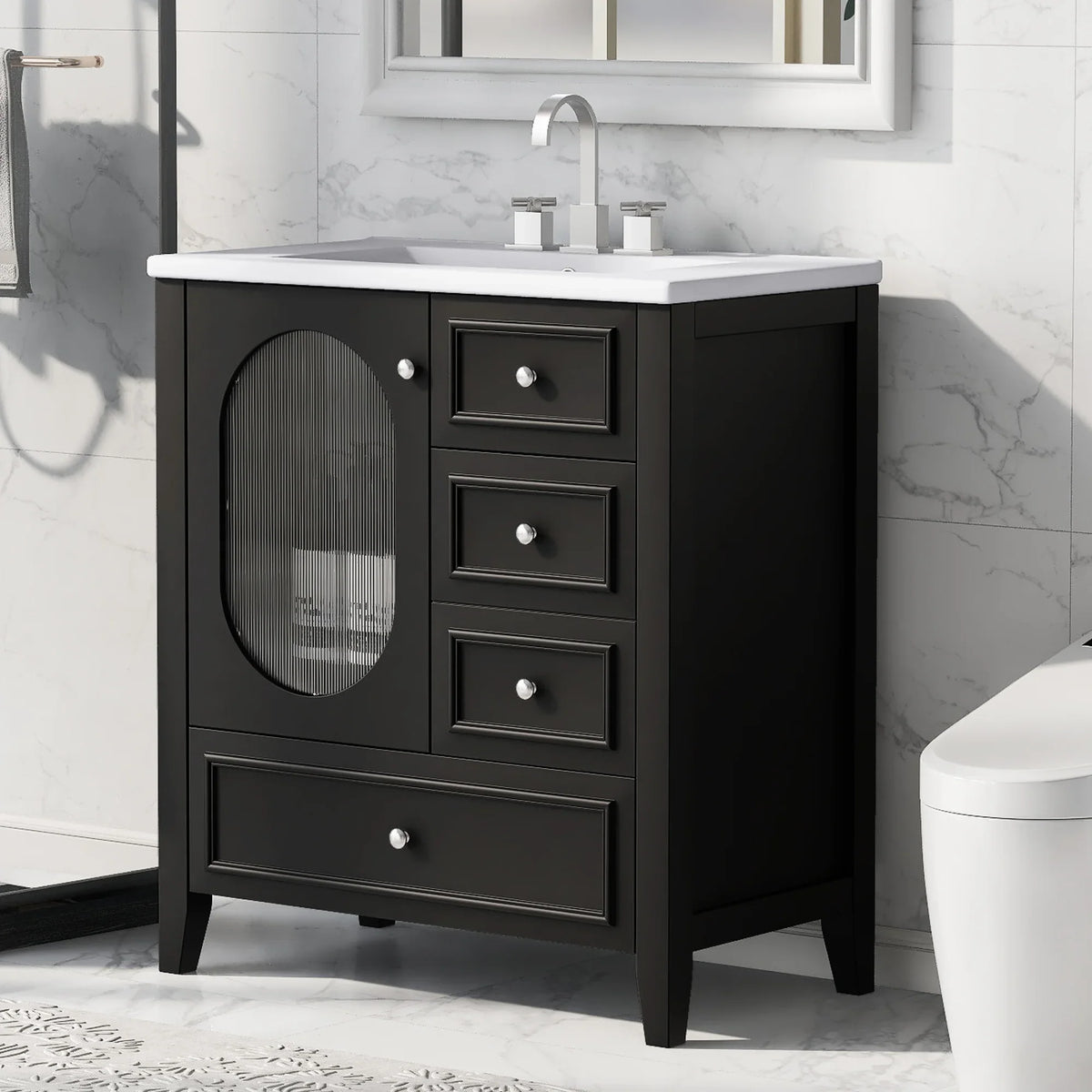 Black 30 inch eprolo bathroom vanity cabinet with white sink and three drawers.
