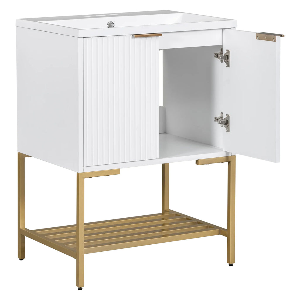 24 inch eprolo white bathroom vanity with sink, gold metal frame, and open storage shelf