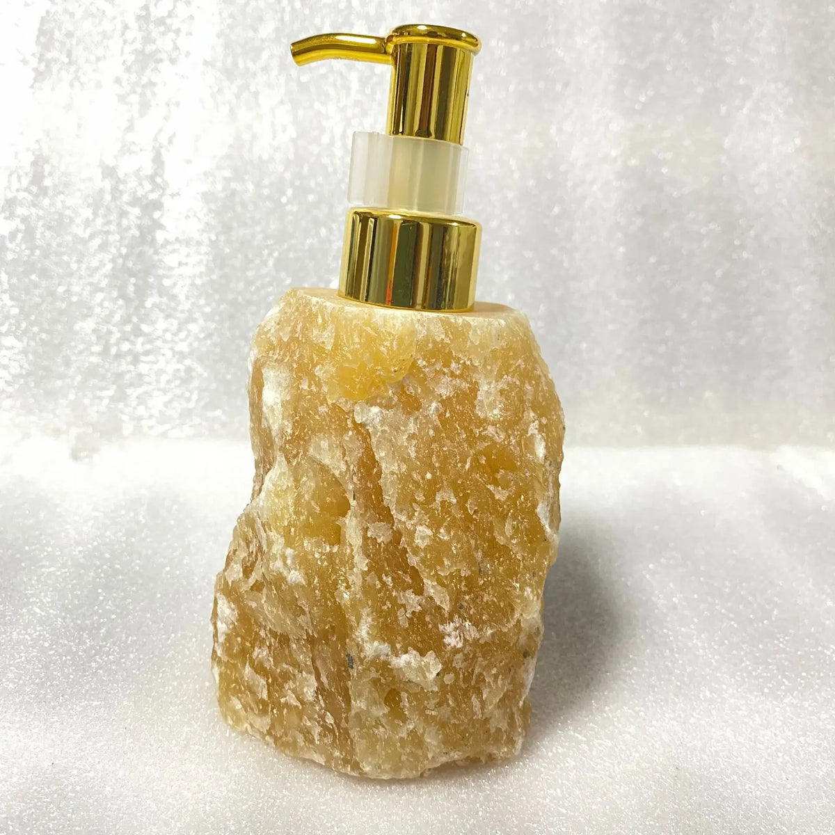 Natural pink crystal stone liquid soap dispenser with gold pump for bathroom decor