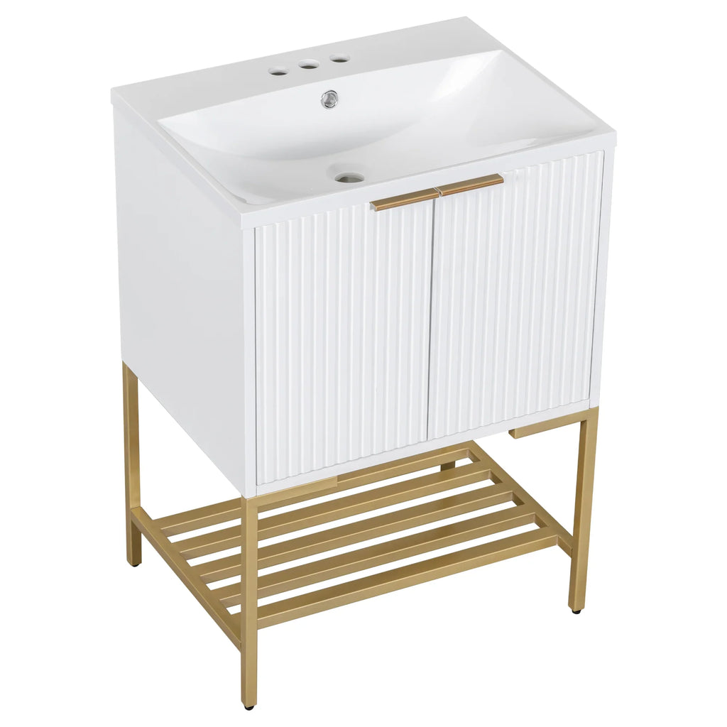 eprolo 24-inch white bathroom vanity with fluted doors and gold metal frame shelf