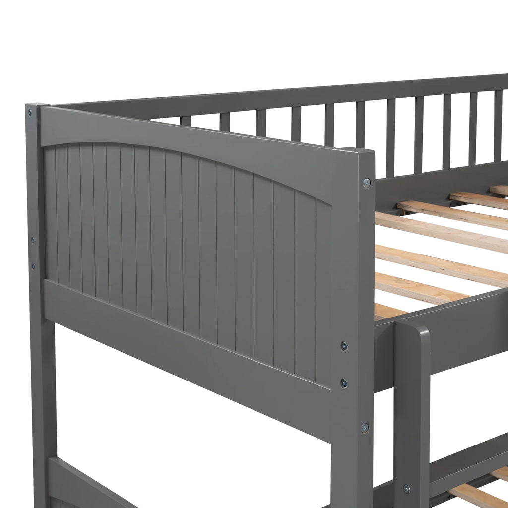 Gray twin size bunk bed with a loft bed and wooden slats.