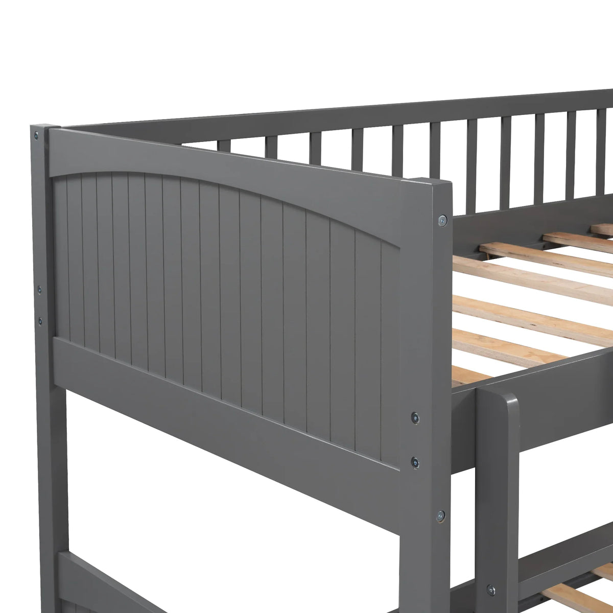 Gray twin size bunk bed with a loft bed and wooden slats.