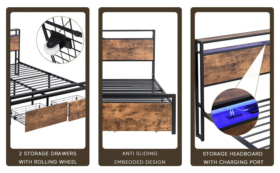 ePROLO LED platform bed features two storage drawers with wheels and a charging headboard.
