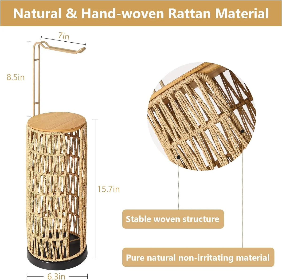 eprolo freestanding woven rattan toilet paper holder with dimensions and material details