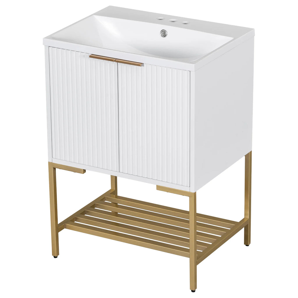 White 24 inch eprolo bathroom vanity with gold metal frame and open storage shelf
