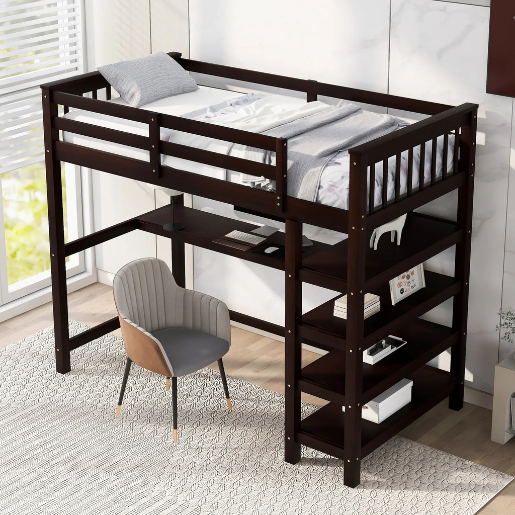 eprolo twin size loft bed in espresso with integrated under-bed desk and storage shelves