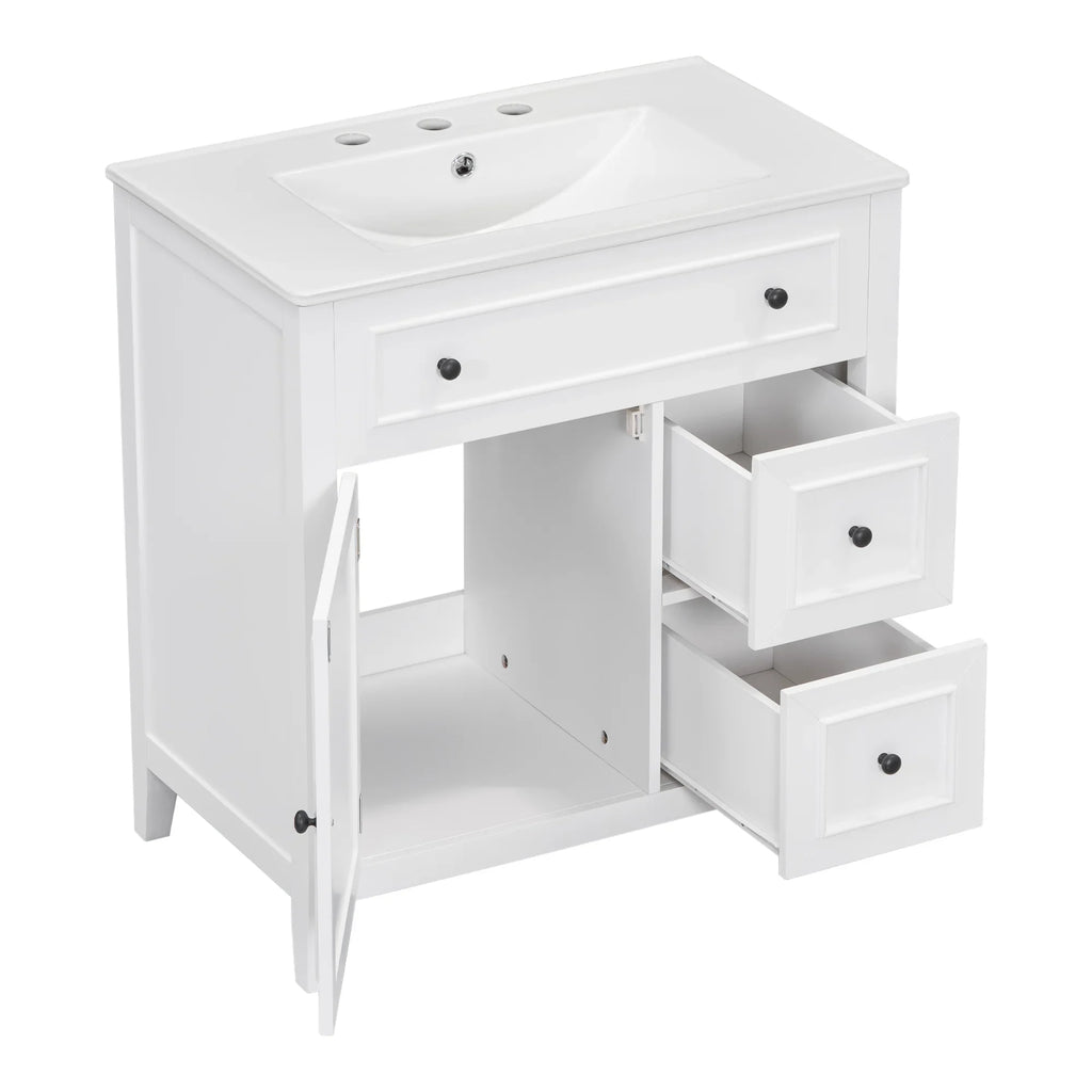 White 30 inch eprolo bathroom vanity cabinet with sink top, door, and two drawers.