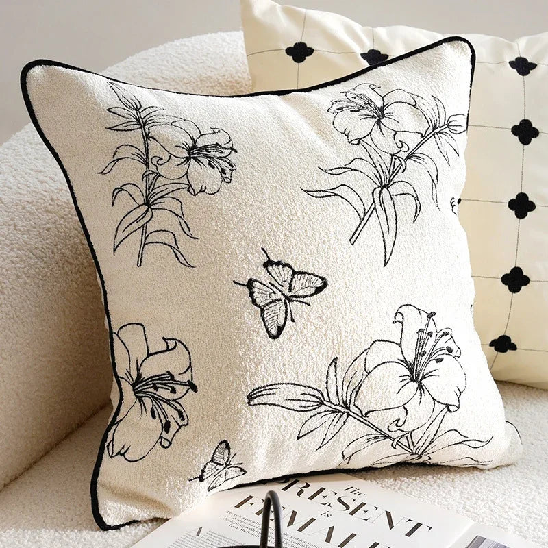 Eprolo living room sofa pillow cover with black floral and butterfly line art pattern