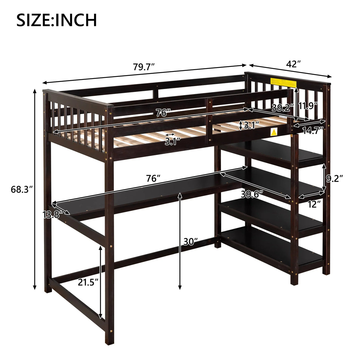 eprolo Twin Size Loft Bed in Espresso with under-bed desk and storage shelves, showing dimensions.