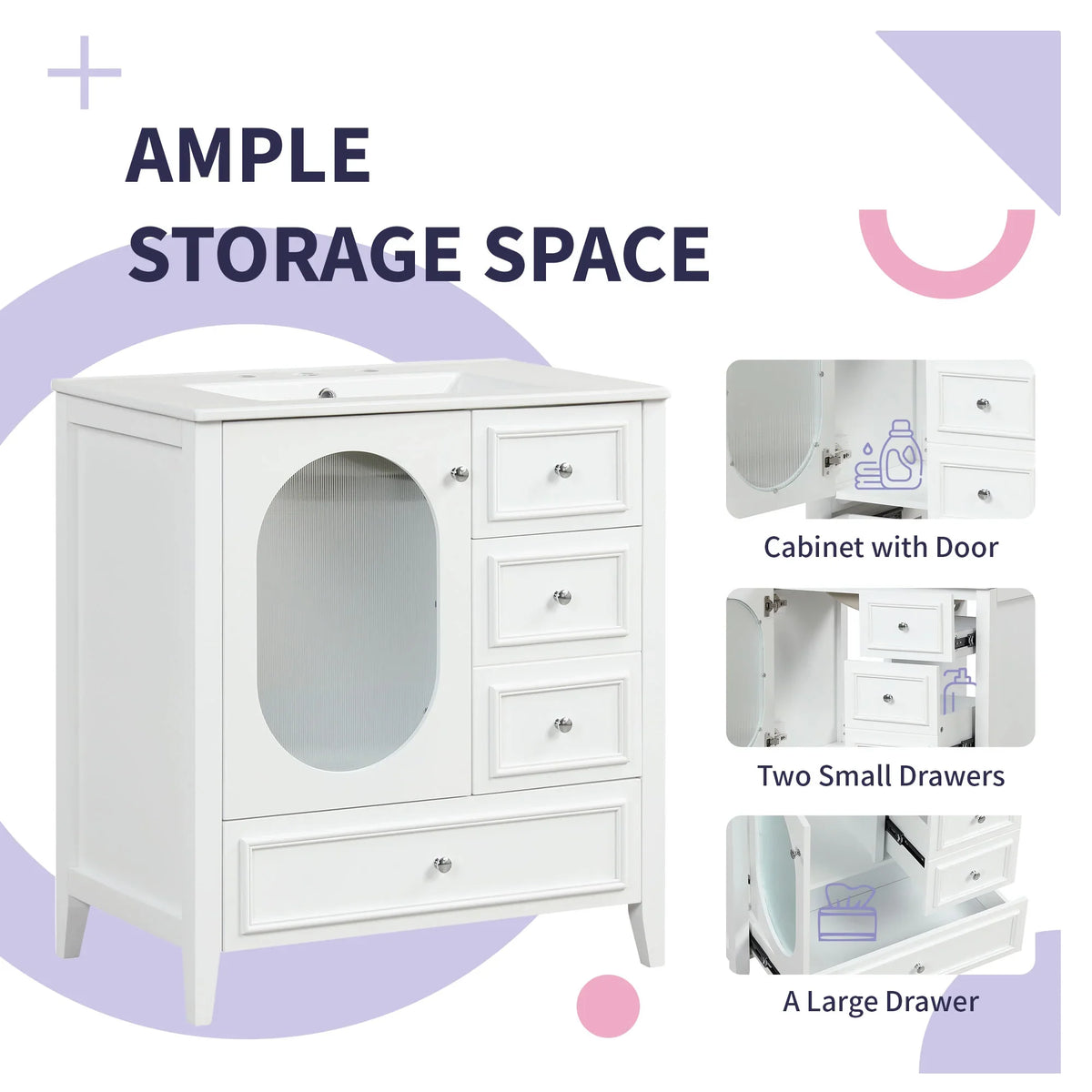 eprolo white 30 inch bathroom vanity with sink, featuring a cabinet door and three storage drawers.