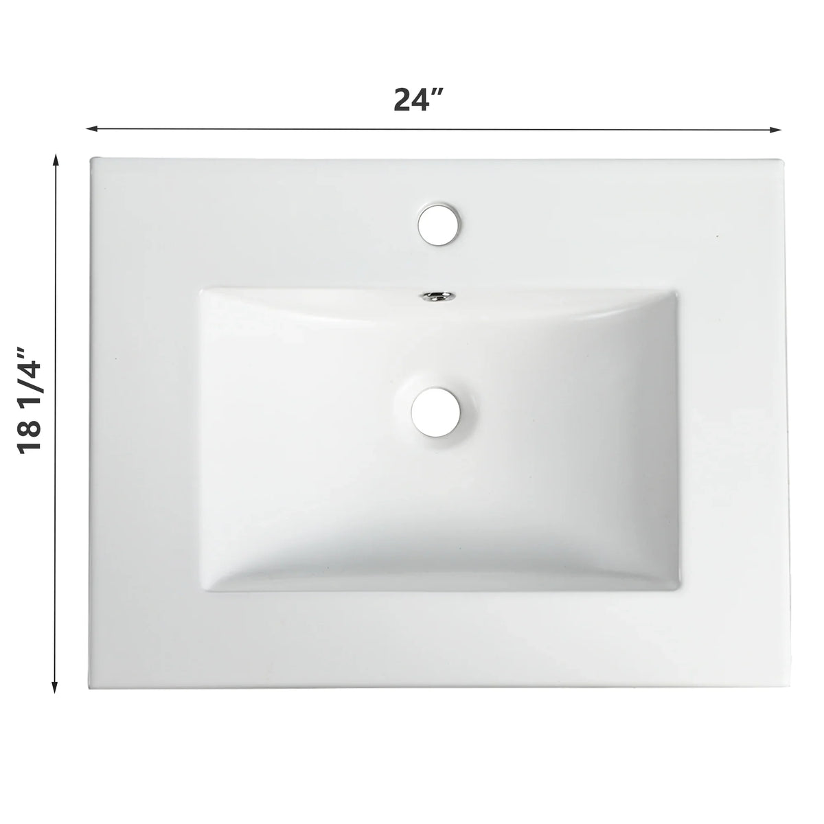 White 24 inch rectangular ceramic bathroom sink basin by eprolo, top view with dimensions.