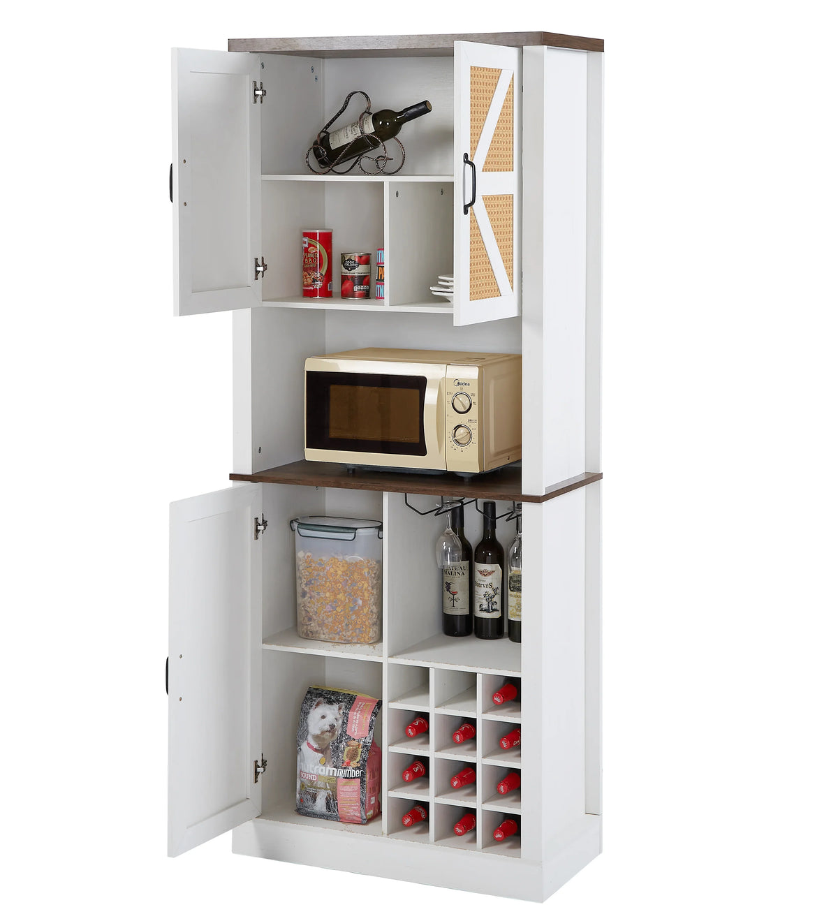 Eprolo Farmhouse Faux Rattan Wine and Bar Cabinet with microwave shelf and storage