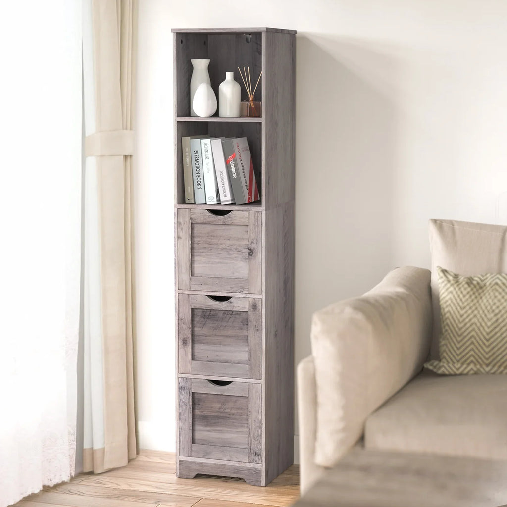 Grey eprolo tall narrow bathroom floor cabinet with 3 drawers and 2 open shelves.