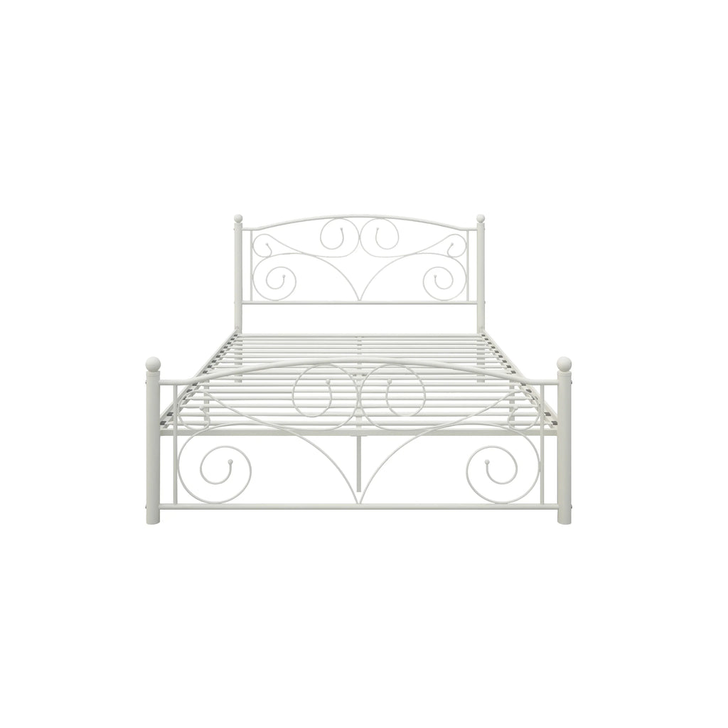 White metal full bed frame with decorative flower scrollwork design by eprolo