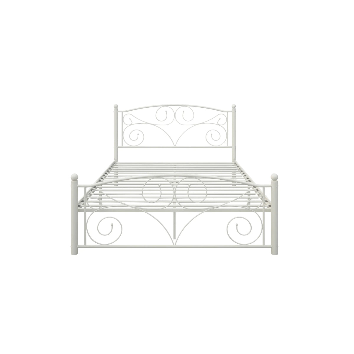 White metal full bed frame with decorative flower scrollwork design by eprolo