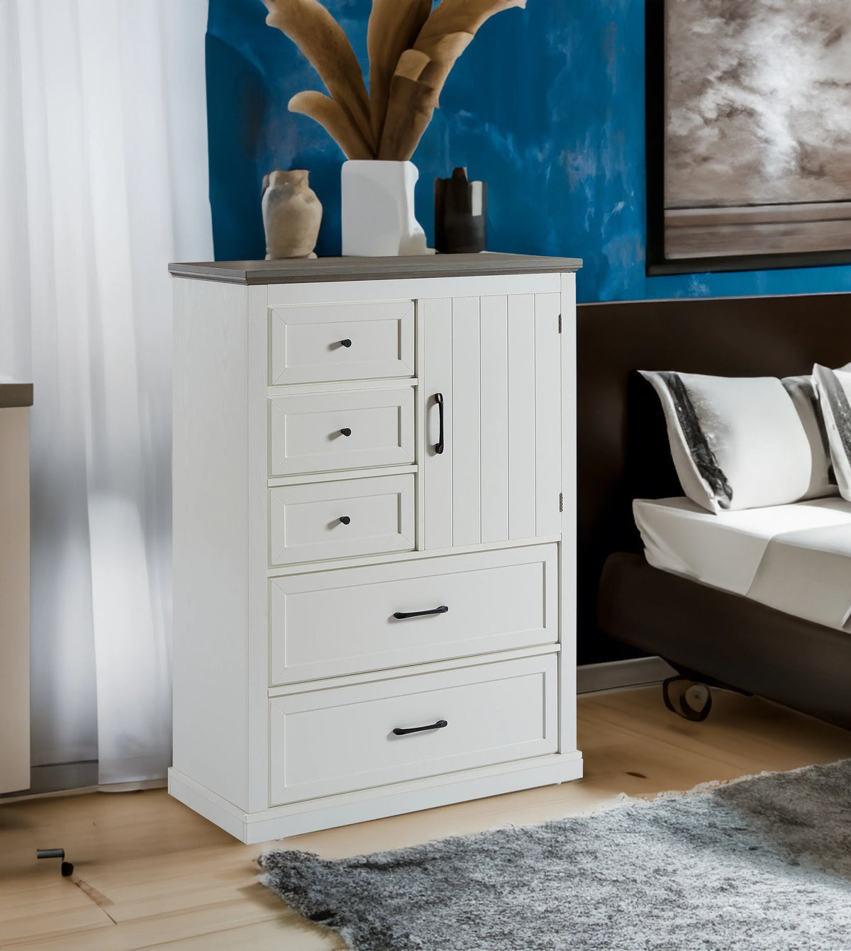 eprolo white farmhouse 5-drawer wooden dressing table cabinet in a modern bedroom setting