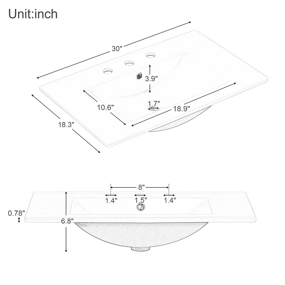 Technical dimension diagram for an eprolo 30 inch white bathroom vanity sink top.