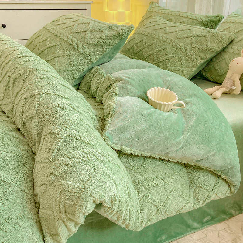 Winter Flannel 4-Piece Bedding Set, Thick Warm Milk Velvet Coral Fleece Duvet Cover, Student Dormitory