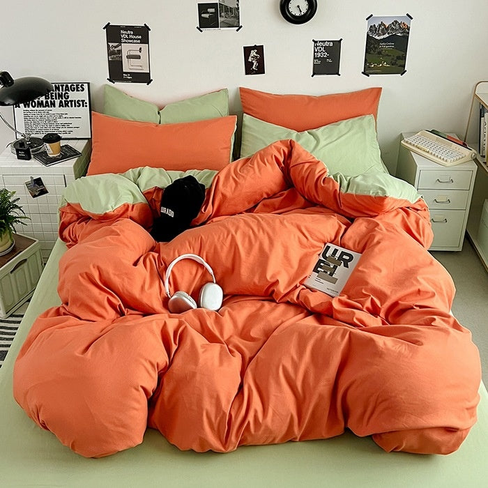 Washed Cotton Solid Color Double Spliced Four-Piece Bedding Set